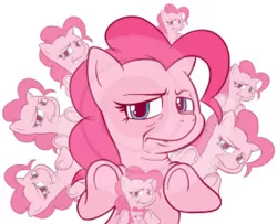 Size: 600x488 | Tagged: safe, artist:gatodelfuturo, derpibooru import, pinkie pie, earth pony, pony, disgusted, female, mare, multeity, needs more jpeg, solo, too much pink energy is dangerous, underhoof, wat