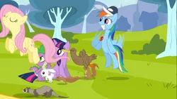 Size: 1366x768 | Tagged: safe, derpibooru import, screencap, angel bunny, fluttershy, rainbow dash, spike, twilight sparkle, bird, duck, ferret, pegasus, pony, squirrel, unicorn, hurricane fluttershy, animal, coach rainbow dash, female, hat, mare, smiling, unicorn twilight, whistle