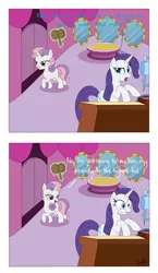 Size: 1280x2200 | Tagged: suggestive, artist:drakxs, derpibooru import, rarity, sweetie belle, pony, unicorn, carousel boutique, comic, dark comedy, female, filly, frown, gritted teeth, hammer, implied foalcon, implied sex, indoors, levitation, magic, mare, mirror, open mouth, prostitution, sewing machine, shocked, smiling, surprised, telekinesis, walking, wide eyes