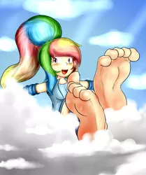 Size: 1759x2104 | Tagged: safe, artist:xptzstudios, derpibooru import, rainbow dash, human, alternate hairstyle, barefoot, cloud, cloudy, cute, dashabetes, feet, foot fetish, foot focus, humanized, soles, solo, toes