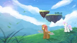 Size: 1191x670 | Tagged: artist:repoisn, button mash, chrono cross, chrono trigger, cloud, cloudy, derpibooru import, floating island, grass, kingdom of zeal, lens flare, safe, serge, sun, sweetie belle, tree, waterfall, weapon