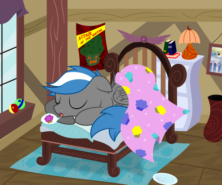 Size: 12000x10000 | Tagged: safe, artist:csillaghullo, derpibooru import, derpy hooves, oc, oc:cloud zapper, pegasus, pony, absurd resolution, bed, bedroom, book, carpet, lamp, muffin, painting, poster, sleeping, solo, vase, vector