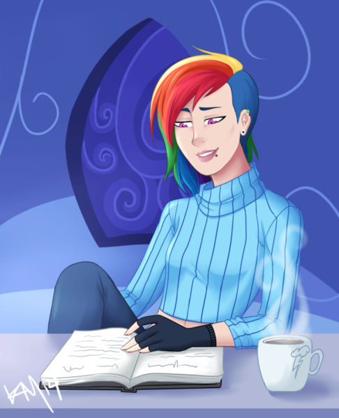 Size: 800x988 | Tagged: artist:emberfan11, book, clothes, derpibooru import, drink, fingerless gloves, gloves, human, humanized, piercing, rainbow dash, reading, safe, solo, sweater, table, undercut