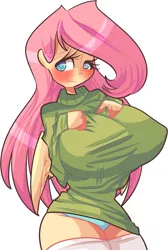 Size: 500x743 | Tagged: artist:pinapapo, big breasts, blushing, breasts, breast suppress, busty fluttershy, clothes, derpibooru import, embarrassed, female, fluttershy, huge breasts, human, humanized, impossibly large breasts, panties, solo, solo female, suggestive, sweater, sweater puppies, sweatershy, thigh highs, underwear, winged humanization