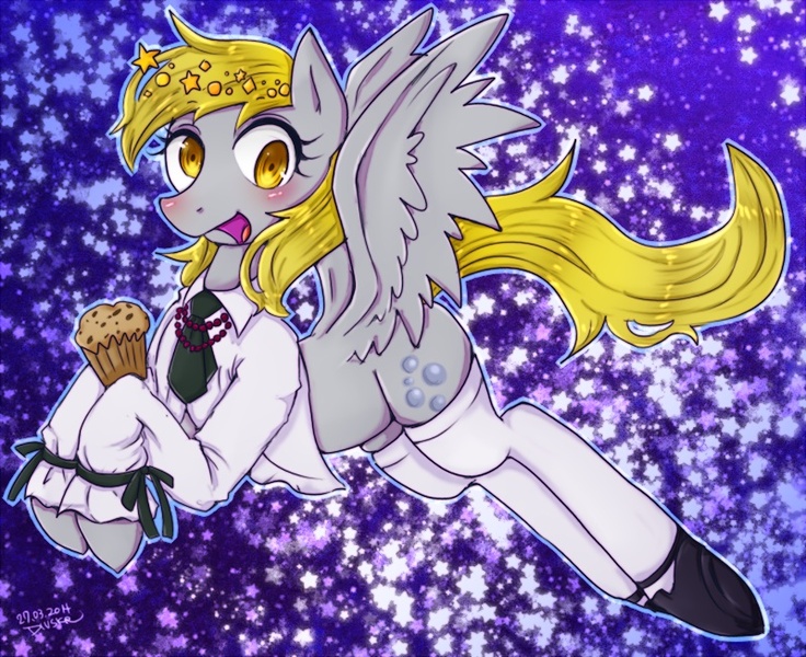 Size: 800x652 | Tagged: safe, artist:divided-s, derpibooru import, derpy hooves, pegasus, pony, clothes, female, mare, muffin, pixiv, socks, solo