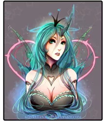 Size: 1564x1828 | Tagged: suggestive, artist:koveliana, derpibooru import, queen chrysalis, human, beautiful, breasts, busty queen chrysalis, chromatic aberration, cleavage, female, humanized, see-through, solo