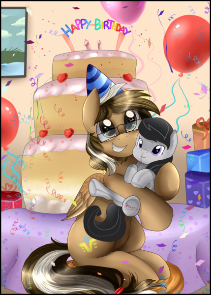 Size: 2534x3545 | Tagged: safe, artist:pridark, derpibooru import, octavia melody, oc, oc:yoshi ringo, balloon, cake, confetti, glasses, plushie, present, underhoof