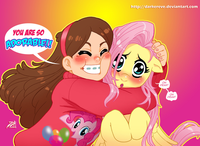 Size: 2000x1463 | Tagged: safe, artist:darkereve, derpibooru import, fluttershy, pinkie pie, human, pegasus, pony, :o, blushing, clothes, crossover, cute, dialogue, disney, eyes closed, floppy ears, gravity falls, grin, head tilt, hug, hugging a pony, looking at you, mabel pines, rubbing, smiling, squishy cheeks, sweater, text, wide eyes, worried