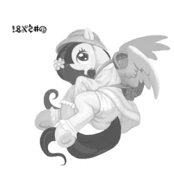 Size: 851x851 | Tagged: artist:chaosrruruus, backpack, barrette, clothes, derpibooru import, digital art, dress, exclamation point, fluttershy, grayscale, hat, hooves, kindergarten uniform, looking at you, looking back, lying, monochrome, :o, open mouth, randoseru, safe, school uniform, side, simple background, solo, spread wings, underhoof, white background