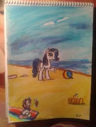 Size: 1920x2560 | Tagged: safe, artist:gpgo-sparkling-panda, derpibooru import, pinkie pie, rarity, sweetie belle, beach, ice cream, nature, traditional art