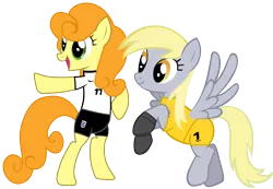 Size: 1536x1062 | Tagged: safe, artist:ironm17, derpibooru import, carrot top, derpy hooves, golden harvest, earth pony, pegasus, pony, the ticket master, bipedal, clothes, duo, england, football, gloves, image, jersey, png, short-sleeved goalkeeper jersey, simple background, smiling, transparent background, vector, world cup