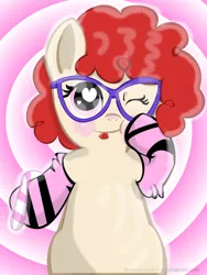 Size: 774x1032 | Tagged: safe, artist:remareshadows, derpibooru import, twist, candy cane, clothes, cute, filly, glasses, heart, heart eyes, socks, solo, wingding eyes, wink
