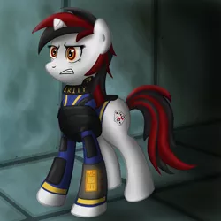 Size: 1050x1050 | Tagged: safe, artist:lomeo, derpibooru import, oc, oc:blackjack, unofficial characters only, pony, unicorn, fallout equestria, fallout equestria: project horizons, fanfic, clothes, cutie mark, fanfic art, female, hooves, horn, mare, pipbuck, solo, teeth, vault suit
