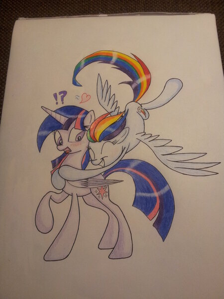 Size: 1024x1365 | Tagged: safe, artist:delapsus1992, derpibooru import, rainbow dash, twilight sparkle, twilight sparkle (alicorn), alicorn, pony, blushing, female, grin, heart, hug, lesbian, mare, shipping, traditional art, twidash