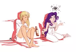 Size: 500x341 | Tagged: source needed, useless source url, safe, artist:demdoodles, derpibooru import, applejack, rarity, human, alcohol, barefoot, blushing, drunk, drunk aj, drunk rarity, duo, feet, female, humanized, lesbian, rarijack, shipping, simple background, sitting, smiling, white background