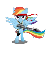 Size: 2400x3200 | Tagged: safe, artist:gonein10seconds, derpibooru import, rainbow dash, pegasus, pony, bandana, bandolier, bipedal, female, flamethrower, gun, handgun, headband, hooves, looking at you, mare, pistol, rambo, rambo dash, simple background, solo, spread wings, transparent background, weapon, wings