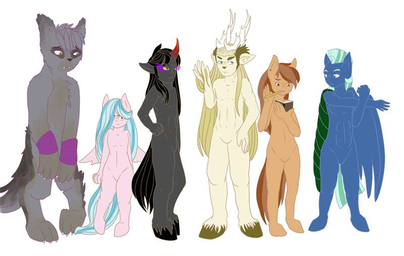 Size: 836x530 | Tagged: abs, anthro, artist:neko-nya-x3, ask king sombra, barbie doll anatomy, book, crystal wolf, derpibooru import, diamond dog, digitigrade anthro, elk, elk king, featureless crotch, frown, glare, glowing eyes, hair over one eye, king sombra, oc, oc:coffee talk, oc:drizzle, oc:freckles, oc:sea breeze, pencil, safe, stretching, thranduelk