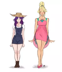 Size: 800x927 | Tagged: applejack, applejewel, artist:demdoodles, blushing, clothes, derpibooru import, dress, frown, hat, human, humanized, overalls, rarihick, rarity, safe, simple ways, smiling, straw hat