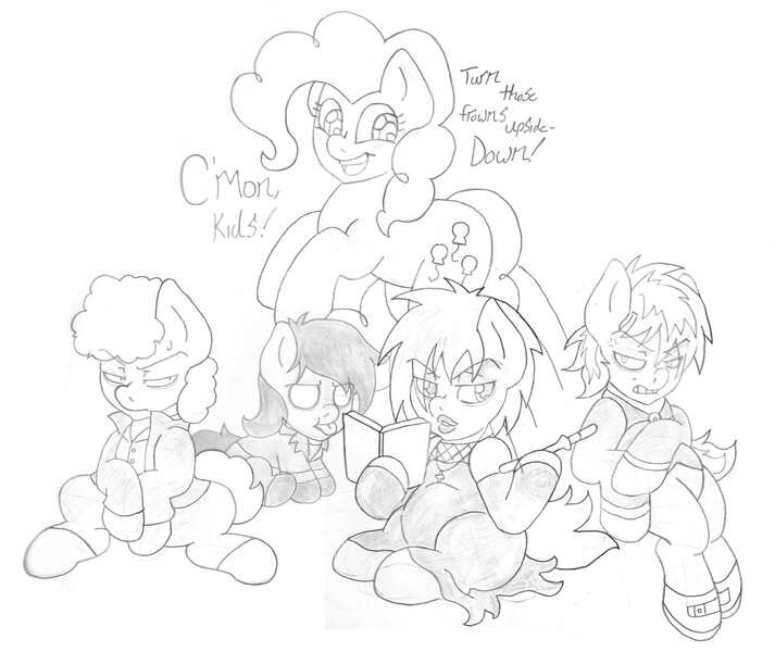 Size: 2400x2020 | Tagged: artist:blackbewhite2k7, chubby, colt, crossover, filly, firkle, foal, goth, goth kids, henrietta biggle, lipstick, michael, monochrome, pete, pinkie pie, ponified, safe, sketch, south park, wip