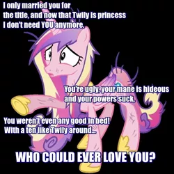 Size: 894x894 | Tagged: semi-grimdark, derpibooru import, princess cadance, shining armor, twilight sparkle, twilight sparkle (alicorn), alicorn, pony, abuse, adultery, background pony strikes again, caddybuse, dirty, female, frown, implied incest, infidelity, mare, messy mane, op started shit, open mouth, princess sadance, sad, shitstorm, solo, we are going to hell, wide eyes
