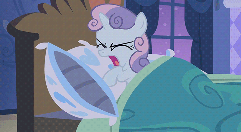 Size: 826x451 | Tagged: safe, derpibooru import, screencap, sweetie belle, for whom the sweetie belle toils, adorable distress, anger issues, angry, animated, cute, pillowbuse, punch, solo