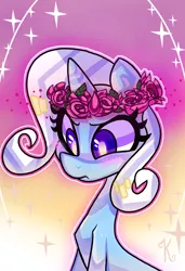 Size: 586x855 | Tagged: dead source, safe, artist:kaliptro, derpibooru import, trixie, pony, unicorn, blushing, cute, diatrixes, embarrassed, female, floral head wreath, flower, frown, mare, rose, solo