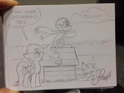 Size: 1024x768 | Tagged: andy you magnificent bastard, artist:andypriceart, derpibooru import, dog house, irl, peanuts, photo, pinkie pie, rainbow dash, safe, snoopy, sopwith camel, traditional art, winona, ww1 flying ace