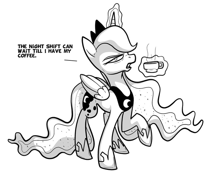 Size: 1280x1060 | Tagged: artist:secoh2000, black and white, coffee, derpibooru import, drink, grayscale, grumpy, magic, monochrome, princess luna, safe, solo, tired