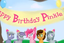 Size: 3000x2050 | Tagged: artist:thederpycat, birthday, cheese sandwich, derpibooru import, happy birthday, hat, limestone pie, marble pie, maud pie, party hat, pie sisters, pinkie pie, safe