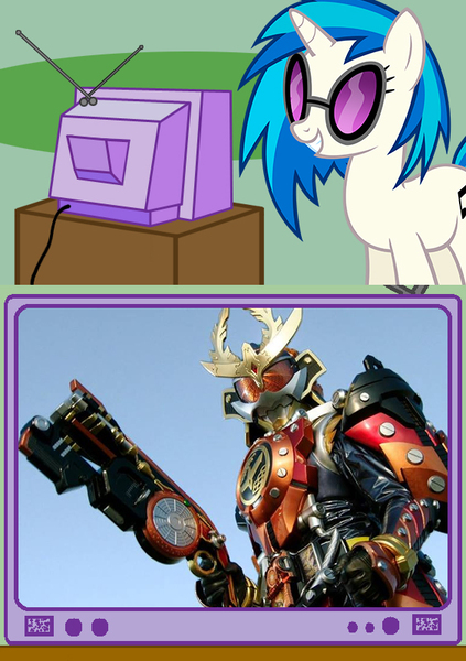 Size: 564x800 | Tagged: armor, derpibooru import, dj gun, exploitable meme, gun, hinawa daidai dj ju, kachidoki arms, kamen rider, kamen rider gaim, meme, obligatory pony, safe, samurai, tokusatsu, tv meme, vinyl scratch