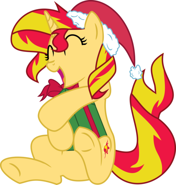 Size: 873x915 | Tagged: safe, artist:elsia-pony, derpibooru import, sunset shimmer, pony, unicorn, christmas, cute, eyes closed, happy, hat, present, santa hat, shimmerbetes, simple background, solo, transparent background