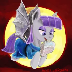 Size: 1444x1444 | Tagged: safe, artist:hereticalrants, derpibooru import, maud pie, bat pony, pony, biting, fangs, flying, maudbat, moon, race swap, rock, solo, spread wings