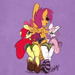 Size: 800x800 | Tagged: anthro, apple bloom, artist:skuttz, cheerleader, clothes, cutie mark crusaders, derpibooru import, frilly underwear, looking back, panties, plot, plot pile, presenting, rear view, scootaloo, socks, striped socks, suggestive, sweetie belle, underhoof, underwear, unguligrade anthro