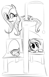 Size: 425x663 | Tagged: artist:dotkwa, behaving like a cat, cat tower, confused, cute, derpibooru import, dilated pupils, fluttercat, fluttershy, frown, monochrome, prone, rainbow cat, rainbow dash, safe
