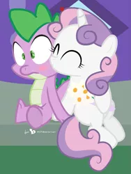 Size: 675x900 | Tagged: safe, artist:dm29, derpibooru import, spike, sweetie belle, dragon, pony, unicorn, baby, baby dragon, blush sticker, blushing, bouquet, carousel boutique, cute, diasweetes, door, fangs, female, filly, flower, heart, horn, julian yeo is trying to murder us, kiss on the cheek, kissing, male, shipping, signature, sitting, spikabetes, spikebelle, straight