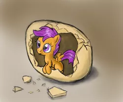 Size: 600x500 | Tagged: artist:manfartwish, cute, cutealoo, derpibooru import, egg, filly, hatching, hatchling, safe, scootachicken, scootaloo, solo