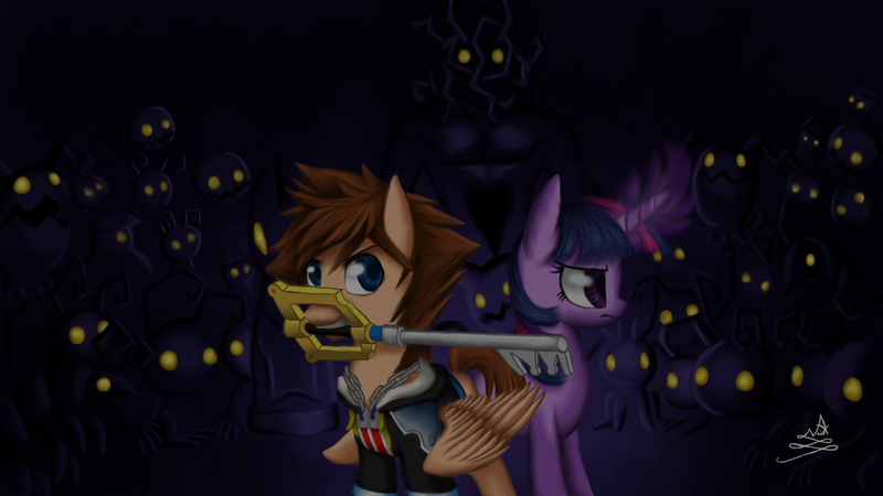 Size: 1920x1080 | Tagged: safe, artist:xilenobody143, derpibooru import, twilight sparkle, pegasus, pony, crossover, frown, heartless, keyblade, kingdom hearts, kingdom hearts of harmony, magic, mouth hold, sora, twilight sorakle