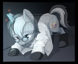 Size: 600x490 | Tagged: safe, artist:tororoplz, derpibooru import, oc, unofficial characters only, pony, unicorn, boots, clothes, glasses, heterochromia, john titor, lab coat, magic, solo