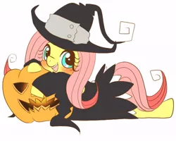 Size: 500x400 | Tagged: artist:himepuppu, blair, blushing, clothes, cosplay, costume, crossover, cute, derpibooru import, emiri katou, fluttershy, halloween, jack-o-lantern, nightmare night, pixiv, pumpkin, safe, shyabetes, solo, soul eater, voice actor joke, witch