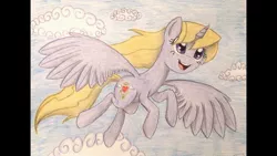Size: 1191x670 | Tagged: safe, artist:thefriendlyelephant, derpibooru import, oc, unofficial characters only, alicorn, pony, alicorn oc, flying, happy, requested art, smiling, solo, traditional art