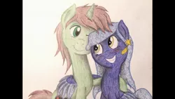 Size: 1024x576 | Tagged: safe, artist:thefriendlyelephant, derpibooru import, pegasus, pony, unicorn, blushing, cute, duo, request, requested art, smiling, traditional art