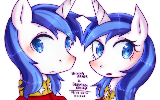 Size: 639x399 | Tagged: artist:divided-s, derpibooru import, gleaming shield, rule 63, safe, self ponidox, shining armor