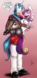 Size: 1204x2500 | Tagged: suggestive, artist:dakuroihoshi, derpibooru import, princess cadance, shining armor, anthro, plantigrade anthro, ballgag, blushing, bondage, box tied, breasts, bunny suit, busty princess cadance, clothes, dialogue, female, femsub, gag, gradient background, high heels, image, imminent sex, jpeg, leotard, male, maledom, pantyhose, rope, shiningcadance, shipping, straight, subdance, submissive