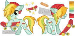 Size: 1280x621 | Tagged: safe, artist:ivyhaze, derpibooru import, oc, oc:pop-shuvit, unofficial characters only, pony, bandaid, beanie, female, grin, hat, mare, skateboard, smiling, solo, tomboy