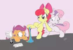 Size: 800x547 | Tagged: safe, artist:ccpendantry, artist:dfectivedvice, derpibooru import, apple bloom, scootaloo, sweetie belle, pony, bipedal, colored, cutie mark crusaders, floppy ears, food art, frown, gum, pouting, sad, stuck, wide eyes