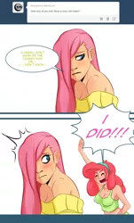 Size: 700x1156 | Tagged: artist:swain, ask-humans-from-equestria, blushing, breasts, busty pinkie pie, cleavage, clothes, derpibooru import, female, fluttershy, hair over one eye, human, humanized, jiggle, midriff, off shoulder, off shoulder sweater, pinkie pie, suggestive, sweater, sweatershy, tanktop