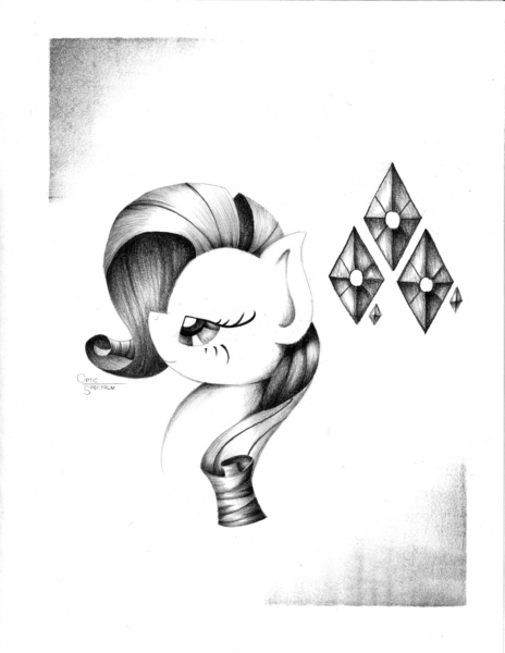 Size: 3091x4000 | Tagged: safe, artist:opticspectrum, derpibooru import, rarity, pony, bust, cutie mark, missing horn, monochrome, portrait, solo, traditional art