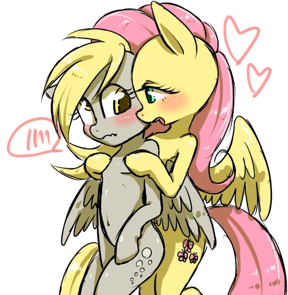 Size: 768x786 | Tagged: suggestive, artist:kiriya, derpibooru import, derpy hooves, fluttershy, pony, semi-anthro, bipedal, blushing, breasts, chestbreasts, derpyshy, female, heart, lesbian, shipping