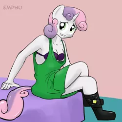 Size: 800x800 | Tagged: ambiguous facial structure, anthro, artist:empyu, bed, boots, bra, breasts, cleavage, clothes, derpibooru import, dress, female, older, purple underwear, solo, solo female, suggestive, sweetie belle, underwear