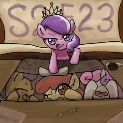 Size: 600x600 | Tagged: safe, artist:yajima, derpibooru import, apple bloom, diamond tiara, scootaloo, sweetie belle, pony, ponyville confidential, box, cutie mark crusaders, pixiv, pony in a box, scene interpretation, title card